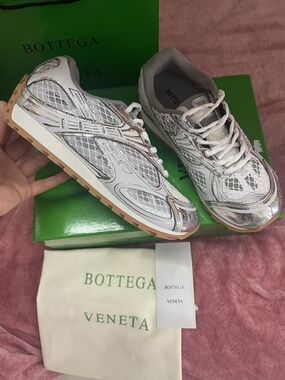 Bottega Veneta White Mesh Sneakers with Silver Metallic Accents